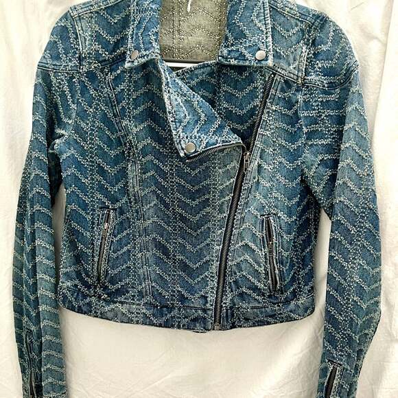 Free People Chevron Denim Moto Biker Jacket Small Blue Y2K - Picture 1 of 3